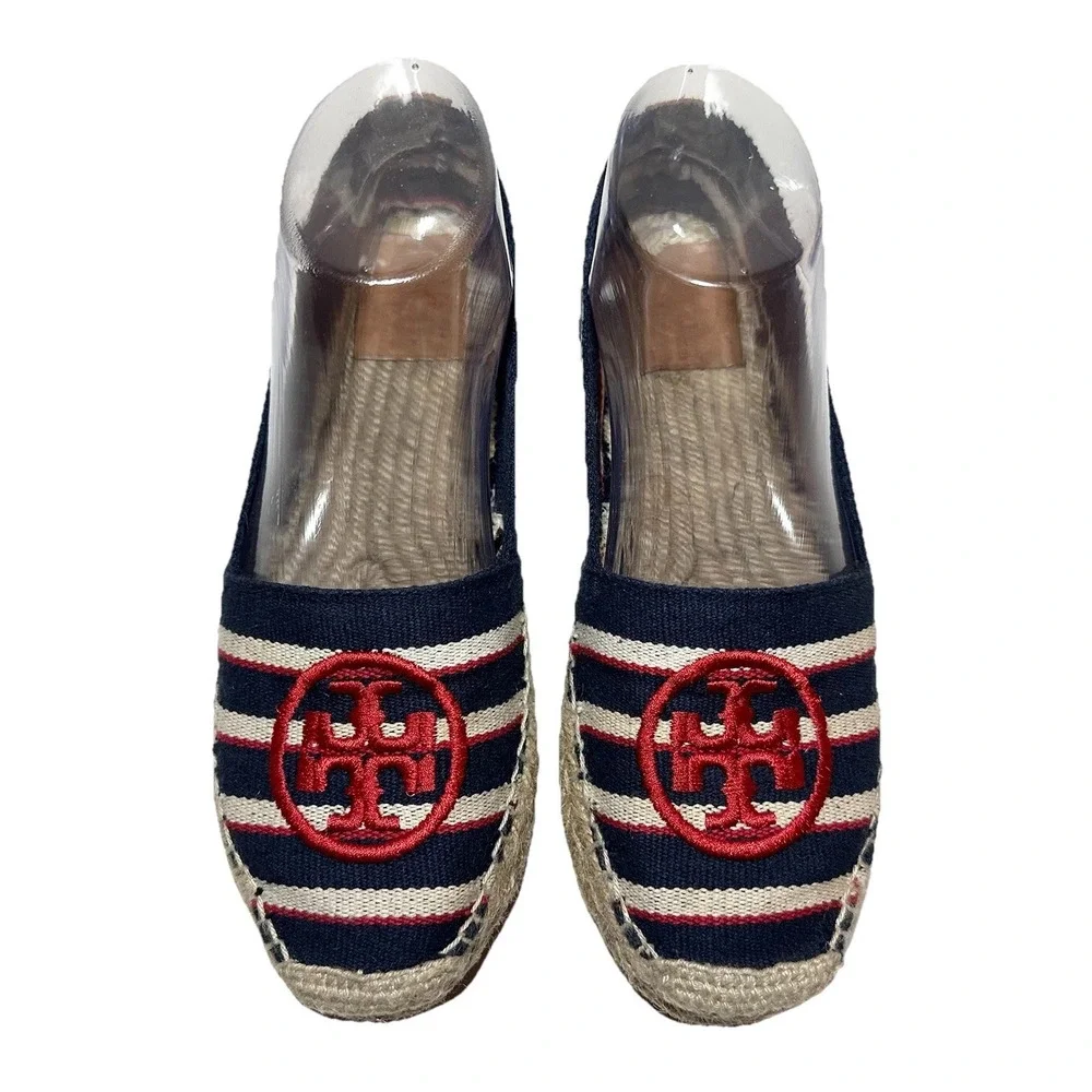 Tory Burch Womens SIZE 6 Striped Canvas Espadrilles Slip On Shoes Blue Red Beige